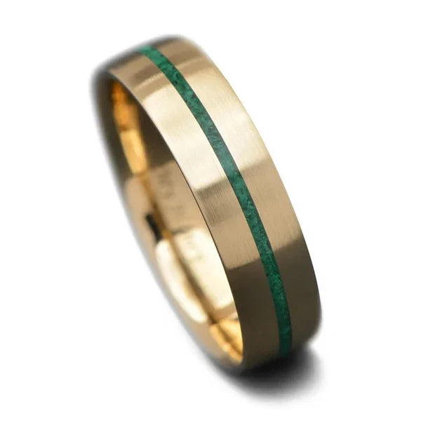 14KY Gold Wedding Band with Central Malachite Inlay, 6mm Men's Wedding Ring, Brushed Domed Profile, Custom Men's Ring, Free Engraving, on White Background