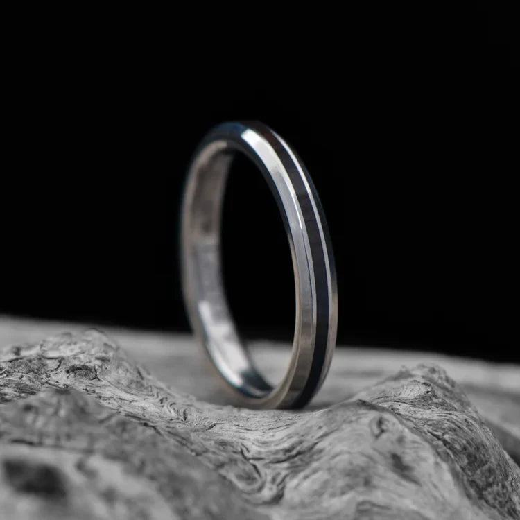 Titanium Wedding Band with Central African Blackwood Inlay, Women's 3mm Polished Beveled Profile Ring, Free Engraving Available, displayed on white sea branch.