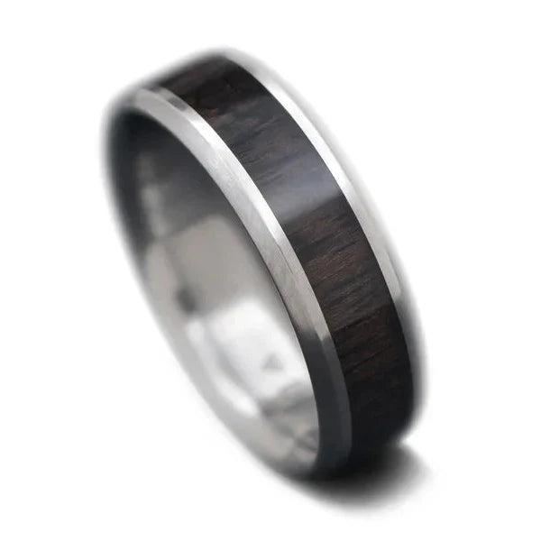 Titanium Wedding Band with Central African Blackwood Inlay, 7mm Men's Ring, Polished Beveled Profile, Free Engraving, on White Background