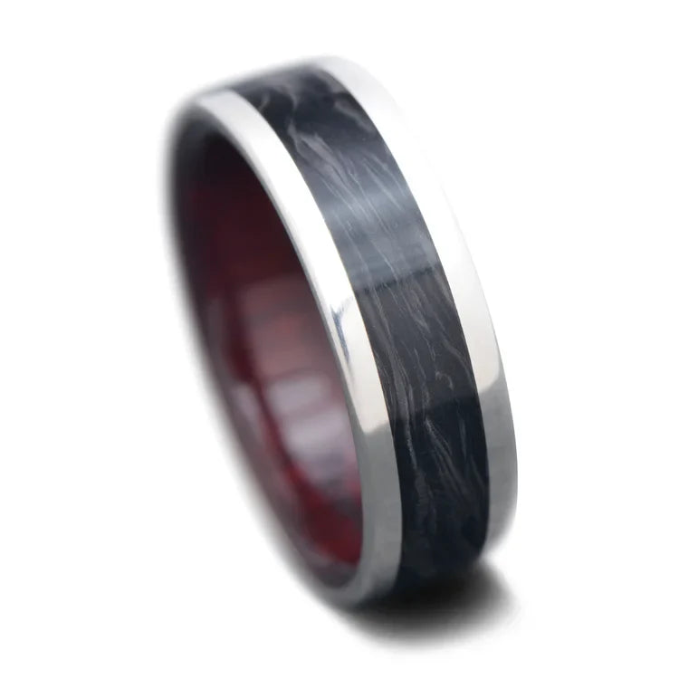 Silver Wedding Band with Central Forged Inlay and Bloodwood Inner Sleeve, Free Engraving, 7mm Men's Wedding Ring, Polished Flat Profile on White Background