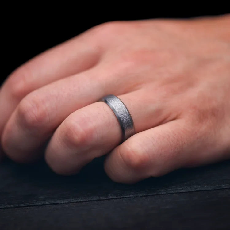 Tantalum Wedding Band with Granite Finish and Beveled Profile on Hand | FREE ENGRAVING | 7mm Men's Custom Ring | Unique Men's Wedding Band