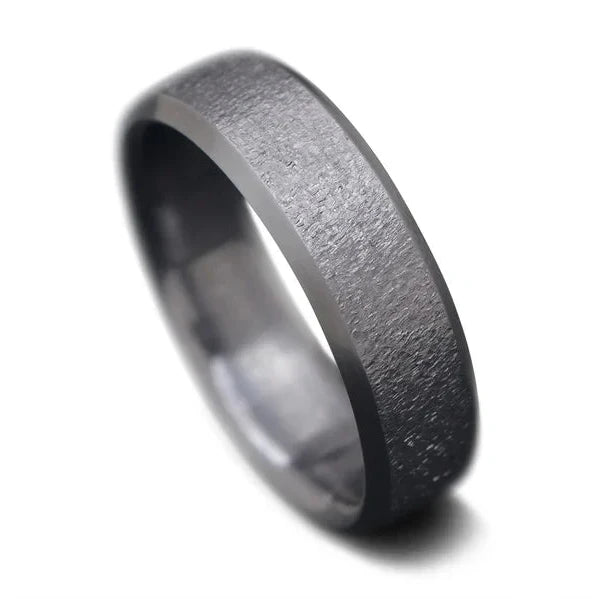 Tantalum Wedding Band with Granite Finish and Beveled Profile on White Background | Men's 7mm Custom Ring | Unique Men's Wedding Band with Free Engraving