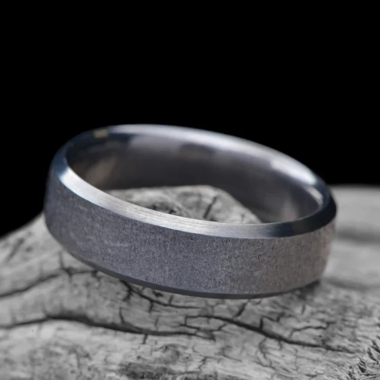 Tantalum Wedding Band with Granite Finish and Beveled Profile on White Sea Branch | 7mm Men's Custom Ring | Unique Men's Wedding Band | Free Engraving