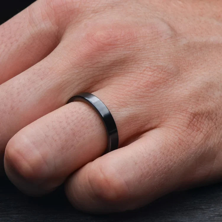 Black Titanium Ring with Silver Spalted Birch Inner Sleeve on Hand | FREE ENGRAVING | 4mm Custom Wedding Band | Polished Flat Profile