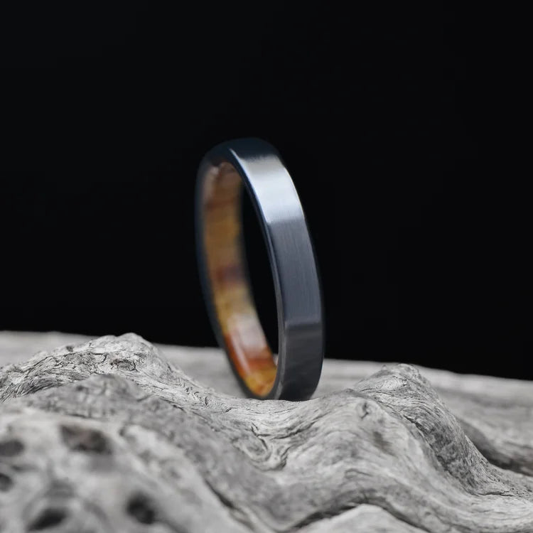 Black Titanium Ring with Silver Spalted Birch Inner Sleeve on White Sea Branch | Free Engraving | 4mm Polished Flat Profile Custom Wedding Band