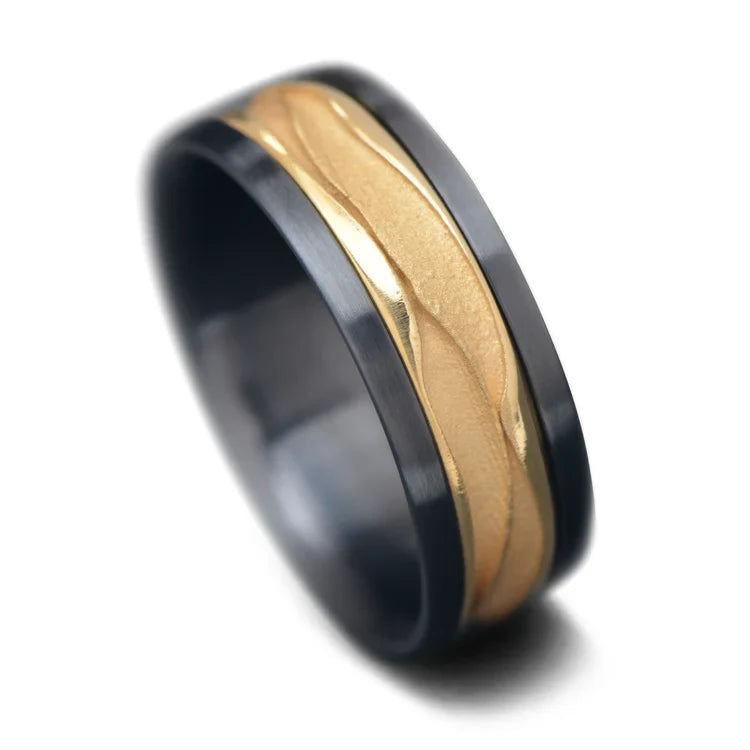 Black Titanium Men's Wedding Ring with 18K Yellow Gold Wave Central Inlay, 8mm Polished Domed Profile, Customizable with Free Engraving, on White Background