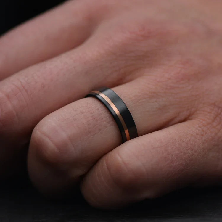 Men's Zirconium Wedding Band with 14K Rose Gold Inlay, 6mm Brushed Flat Profile, Unique Design, Free Engraving, Hand Wearing Ring