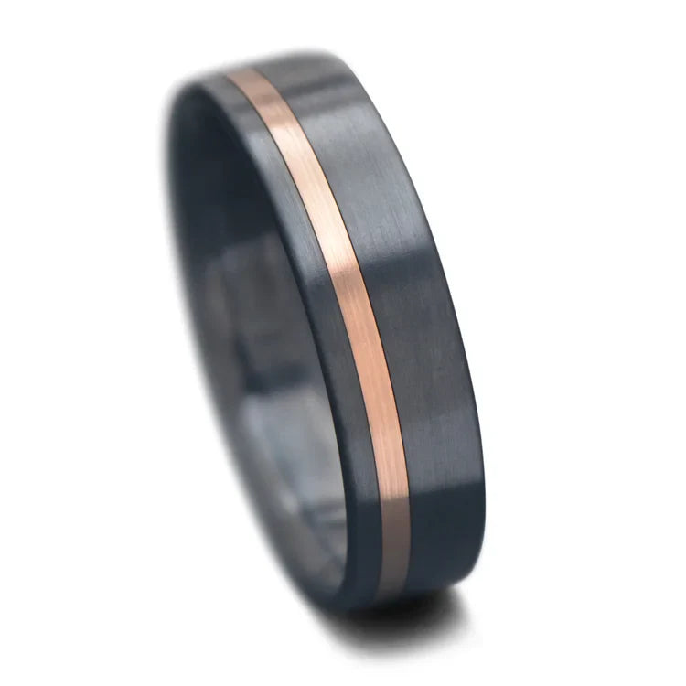 Zirconium wedding band with 14KR inlay, free engraving, 6mm men's wedding ring, brushed flat profile, unique men's ring on white background.