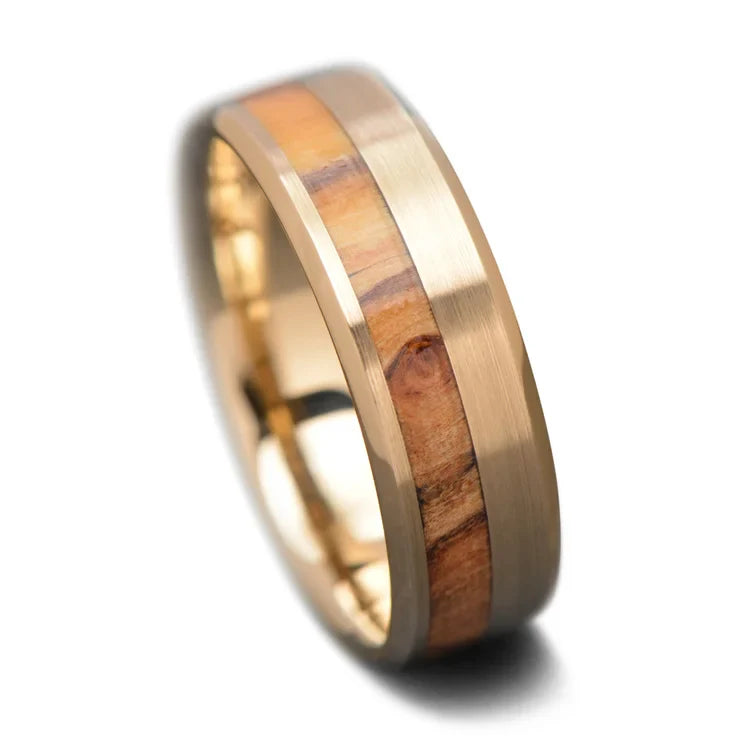 14KY Gold Wedding Band with Olivewood Inlay, 7mm Men's Ring, Brushed Beveled Profile, Unique Men's Wedding Ring, Free Engraving, on White Background