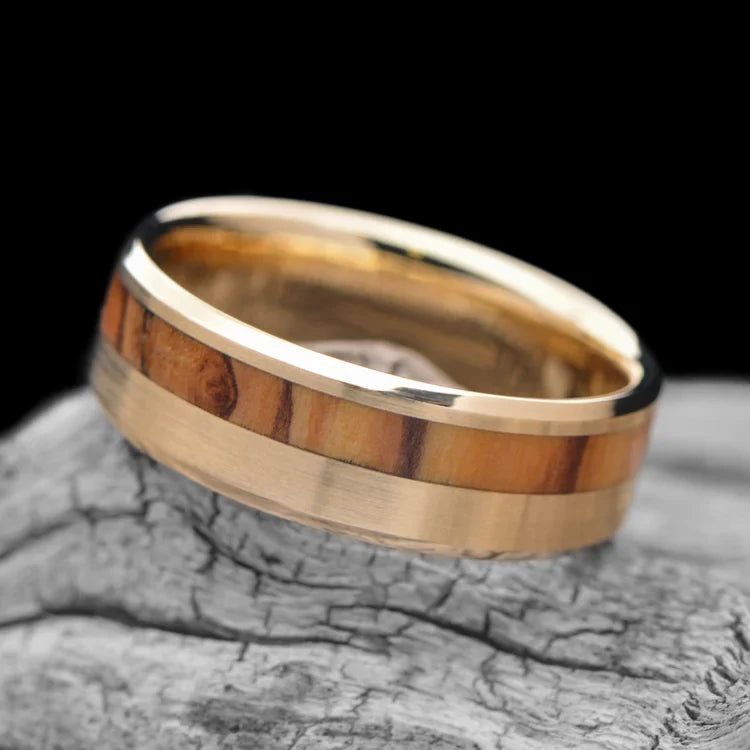 14KY Gold Wedding Band with Olivewood Inlay on White Sea Branch, 7mm Men's Ring, Brushed Beveled Profile, Unique Design, Free Engraving Available