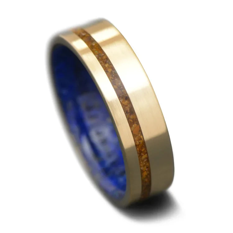 10KY gold wedding band with tiger's eye and lapis lazuli inlay, 6mm men's ring, unique custom design, free engraving, wedding jewelry on white background