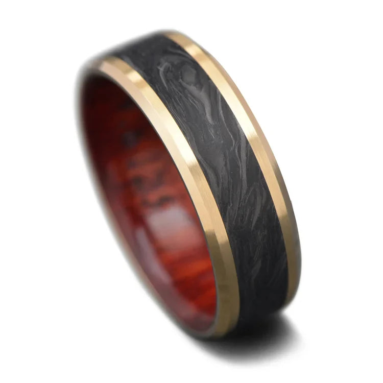 10KY Gold Mens Wedding Band with Central Forged Inlay, Bloodwood Inner Sleeve, 7mm, Brushed Beveled Profile, Free Engraving, on White Background