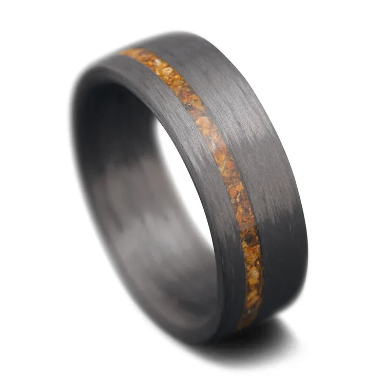 Unidirectional wedding band with tigers eye inlay, 8mm mens wedding ring with matte finish, unique design, free engraving available, displayed on a white background.