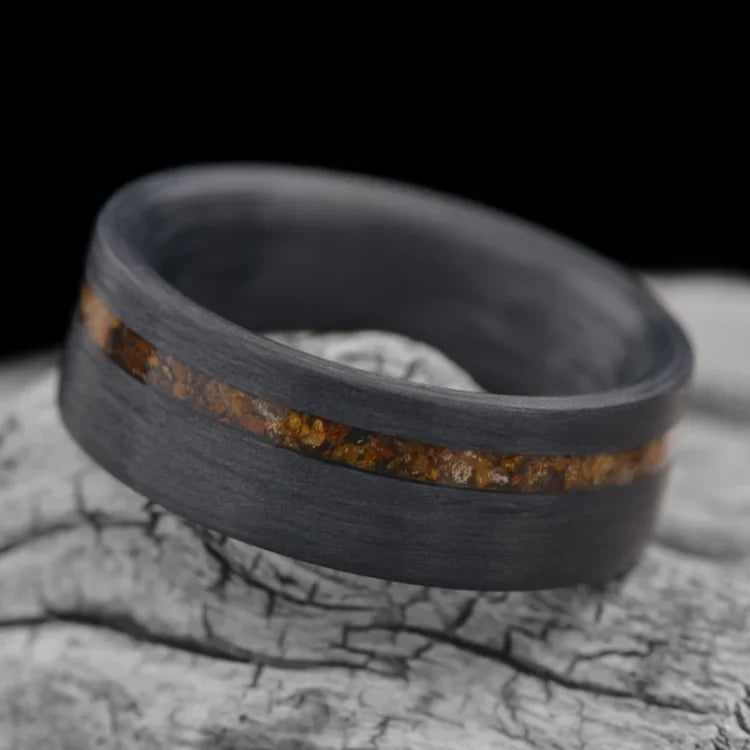 Unidirectional wedding band with tigers eye inlay on a white sea branch, 8mm mens ring with matte finish and free engraving, unique mens wedding ring.