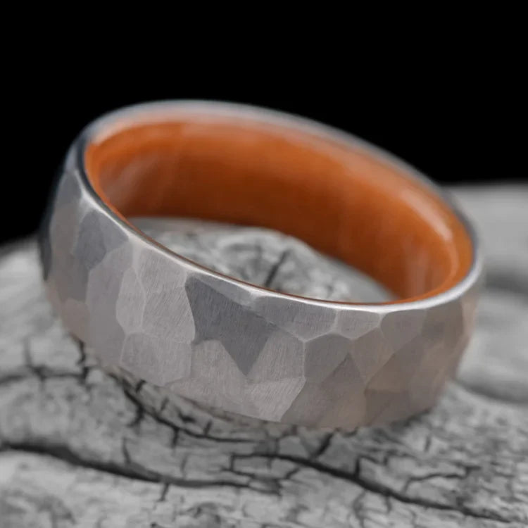 Faceted Titanium Ring with Birds Eye Maple Inner Sleeve on white sea branch, 7mm Mens Wedding Band, Unique Mens Wedding Ring with Free Engraving