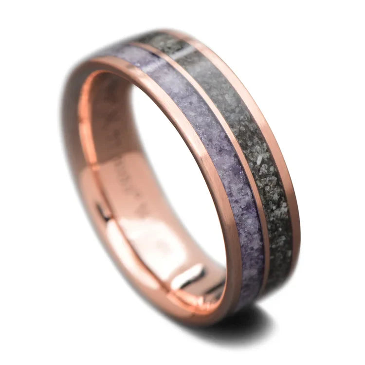 14K Rose Gold Mens Wedding Band with Amethyst and Alexandrite Inlays, 7mm, Unique Custom Design, Free Engraving Available, on White Background