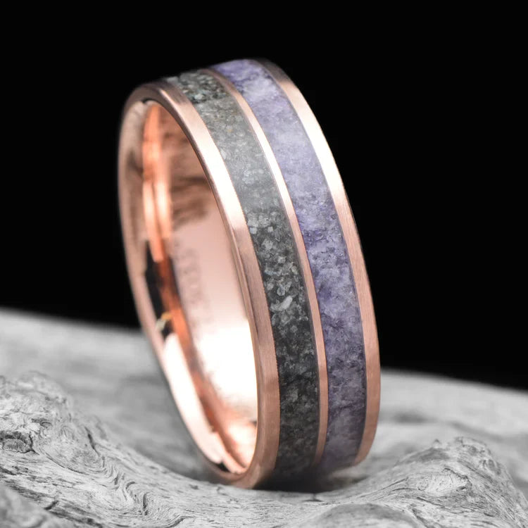 14K Rose Gold Wedding Band with Amethyst and Alexandrite Inlays, 7mm Mens Ring, Unique Custom Design, Free Engraving, displayed on white sea branch.