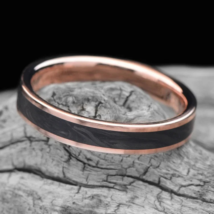 10K rose gold wedding band with forged central inlay on white sea branch, 4mm custom unique simple design, free engraving option available.