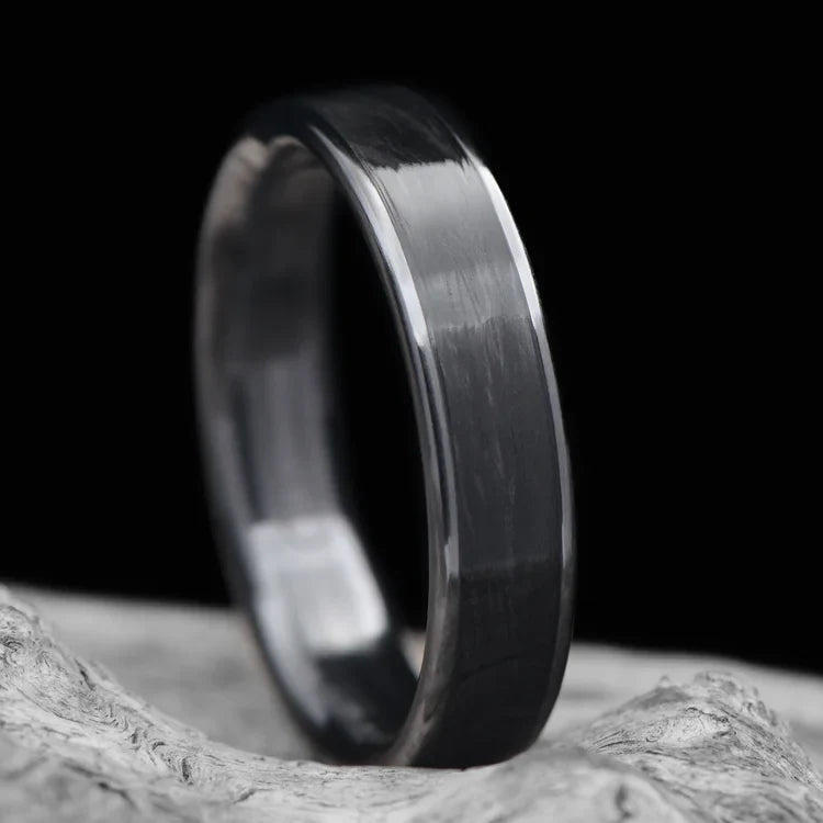 Black Titanium Wedding Band with Central Forged Inlay on white sea branch, 5mm polished flat profile, custom simple ring, free engraving option.
