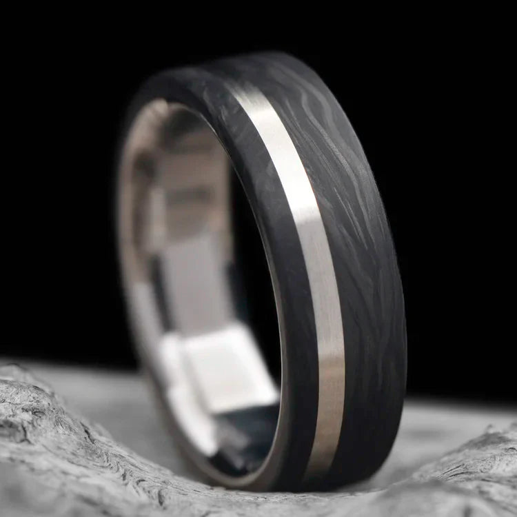 Forged Titanium Wedding Band with 14KW Inlay, Mens 6mm Brushed Flat Profile Ring on White Sea Branch, Free Engraving Available