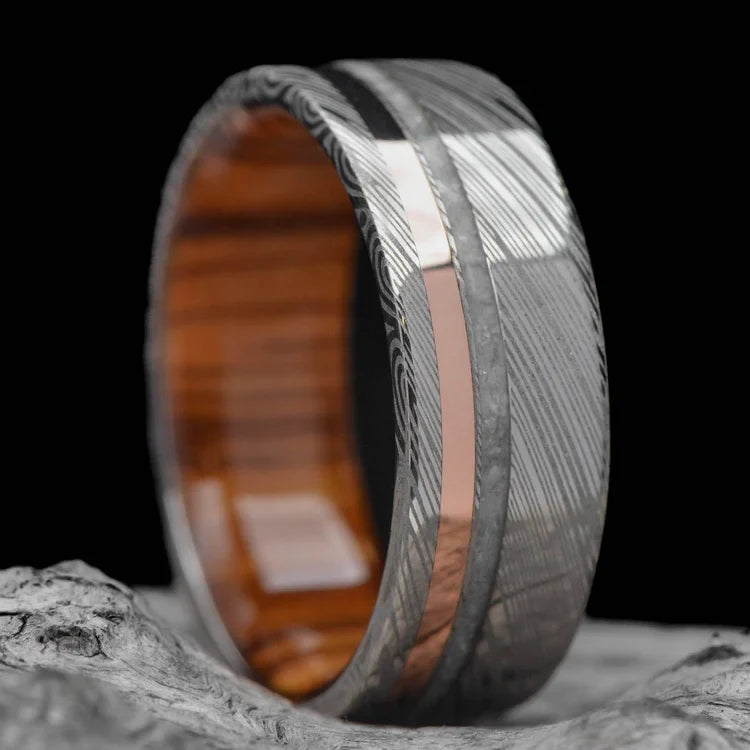 Heimskringla Wedding Band with 14K Rose Gold and Pearl Inlays on White Sand Beach, Mens 8mm Ring with Olivewood Inner Sleeve, Polished Flat Profile, Free Engraving Available