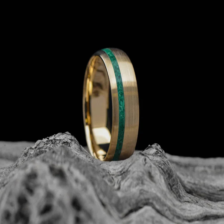 10K Yellow Gold Wedding Band with Malachite Inlay, 8mm Mens Ring, Brushed Domed Profile, Unique Custom Design, Free Engraving, Wedding Ring on White Sea Branch