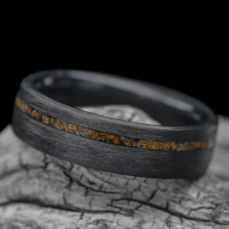 Unidirectional wedding band with tigers eye and central inlay on white sea branch, 6mm mens matte flat profile ring, unique custom design with free engraving.