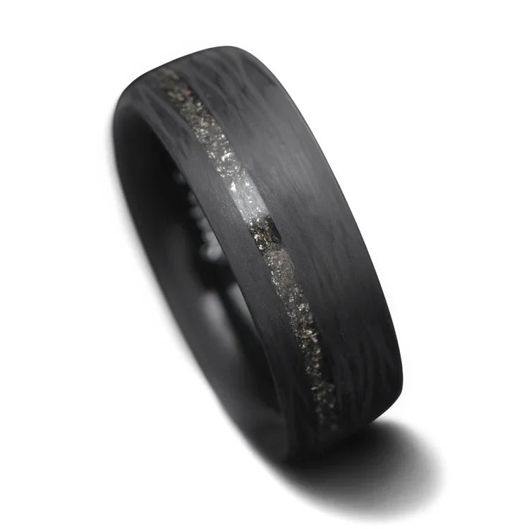 Cross-Cut Wave Ring with Meteorite and Central Inlay, 7mm Mens Wedding Band, Matte Finish, Unique Design, Free Engraving Available, Mens Ring on White Background