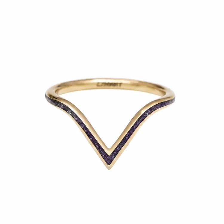 14K yellow gold wedding band with central amethyst inlay, 2mm womens ring, polished flat profile, custom gold ring, free engraving option, elegant design on white background.