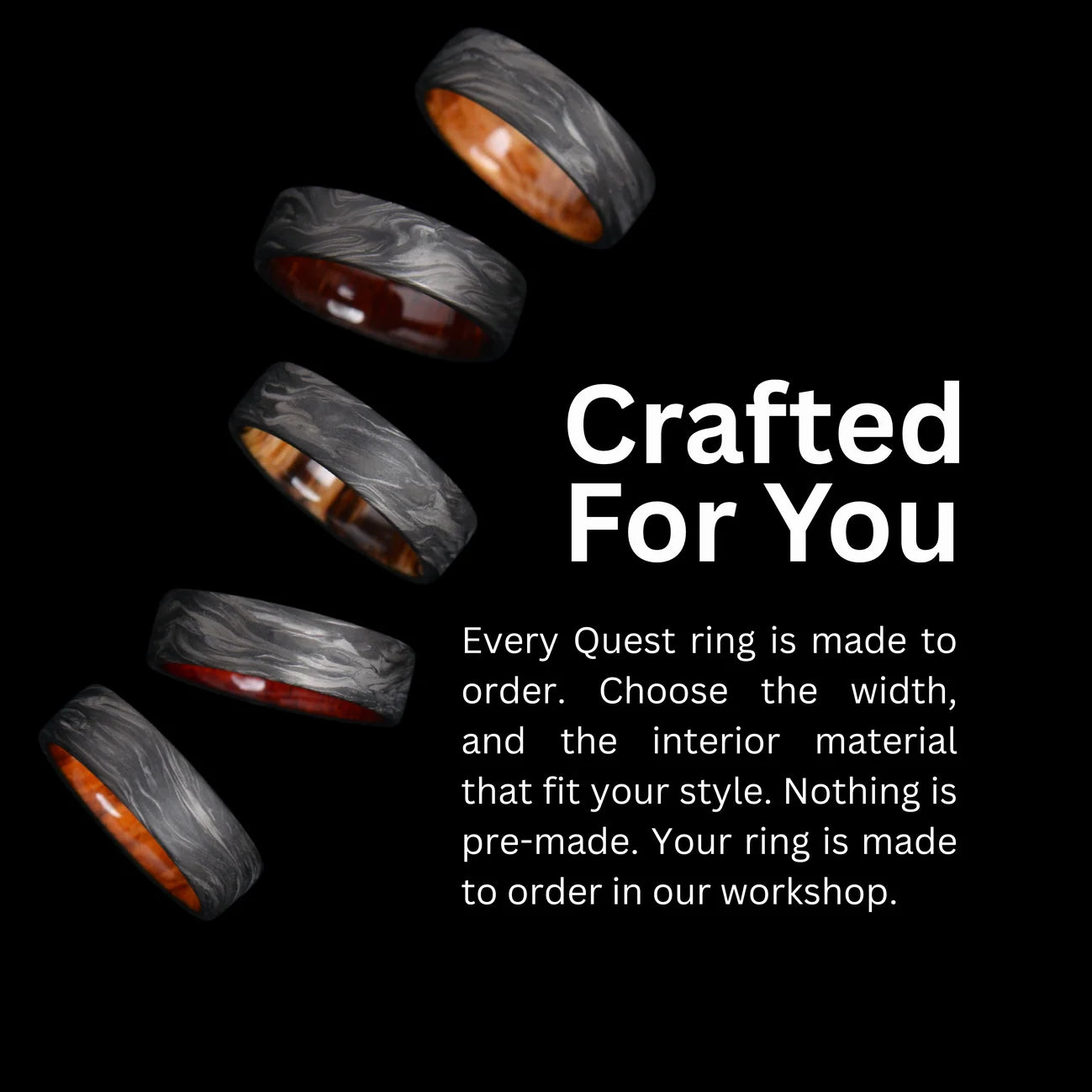 Forged carbon wedding rings shown in multiple interior material options.