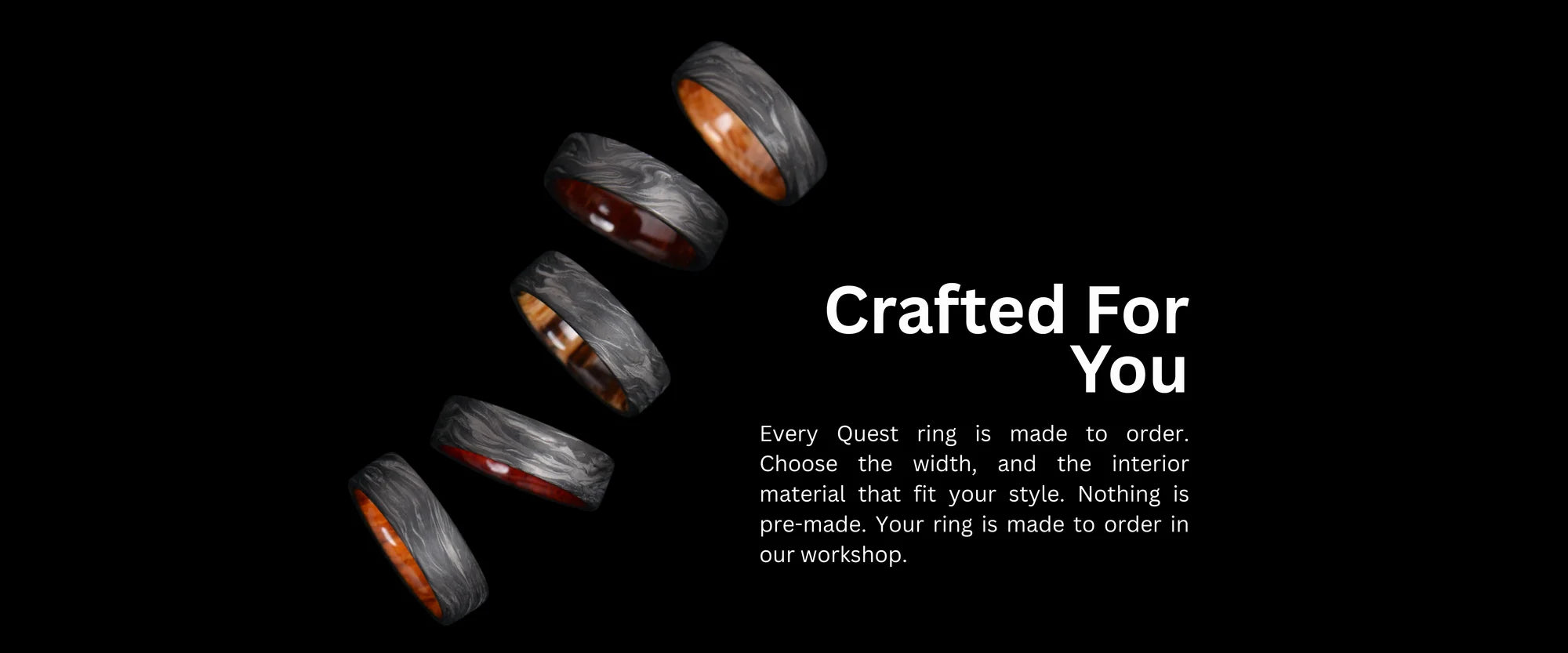 Forged carbon wedding rings shown in multiple interior material options.