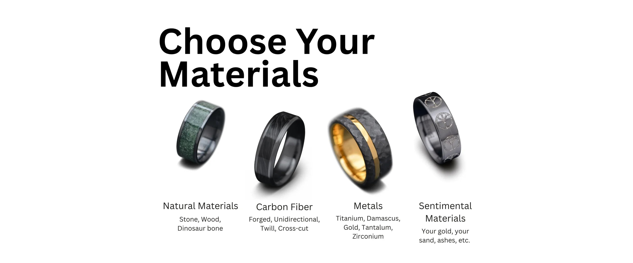 Four custom wedding bands displaying stone inlay, forged carbon fiber, hammered gold-lined titanium, and sentimental material options—showcasing premium choices for bespoke rings.






Four custom wedding bands displaying stone inlay, forged carbon fiber, hammered gold-lined titanium, and sentimental material options—showcasing premium choices for bespoke rings.












