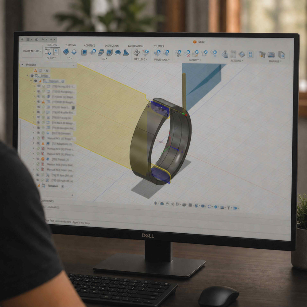 Custom wedding ring being modelled in 3D CAD software, the design stage of the Sesto Synergy process.