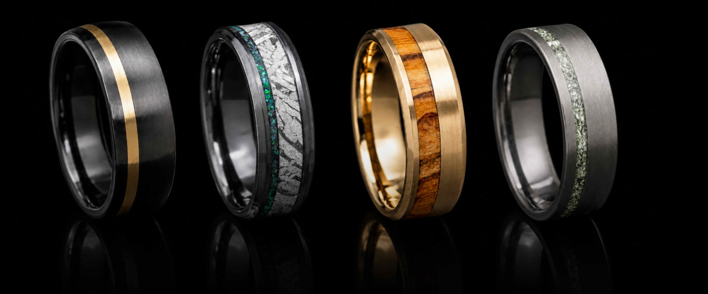 Custom wedding rings by Sesto Synergy in wood, meteorite, gold and stone inlays, none of them stock display case designs.