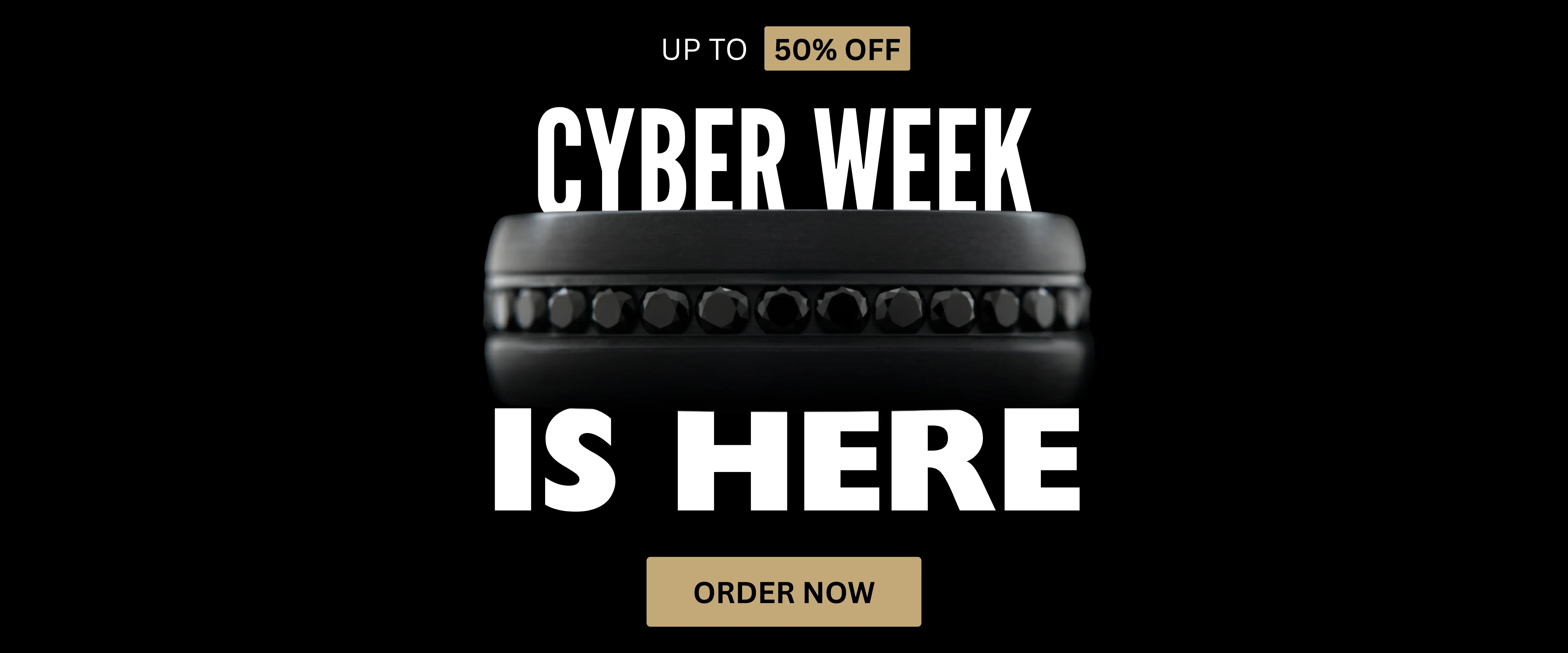 Black custom wedding ring with black stones, promoting Sesto Synergy’s Cyber Week sale up to 50 percent off