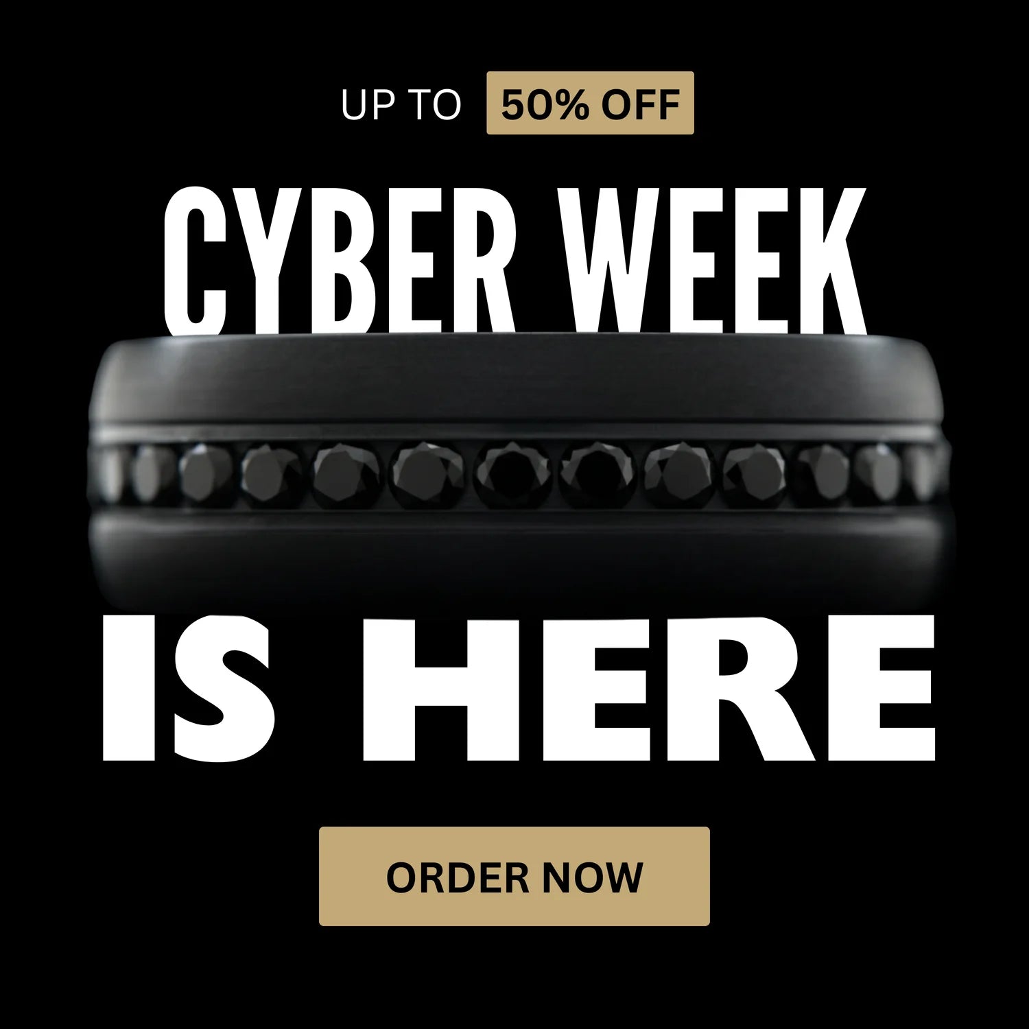 Black custom wedding ring with black stones, promoting Sesto Synergy’s Cyber Week sale up to 50 percent off