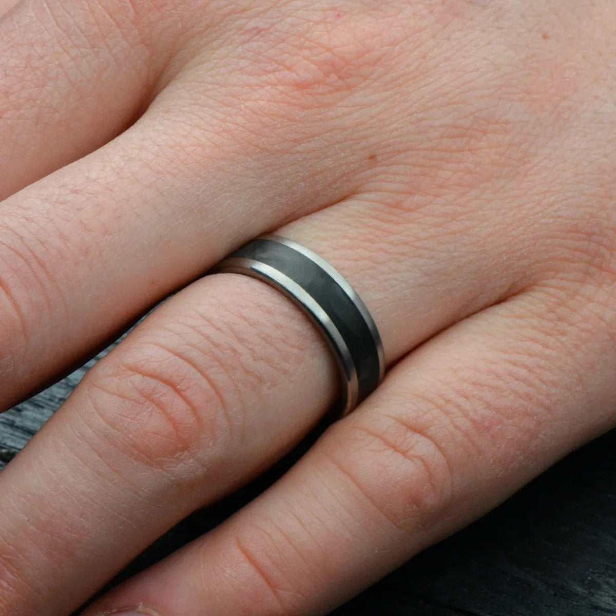 Titanium Ring with ForgedCarbon Inlay and koa Wood, Men's Wedding Band