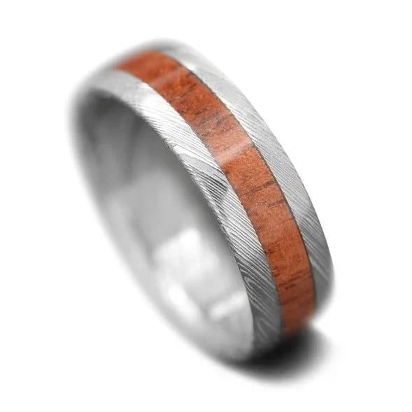 Damascus Wedding Ring with WW2 Relic wood Inlay | Mens Wedding Band
