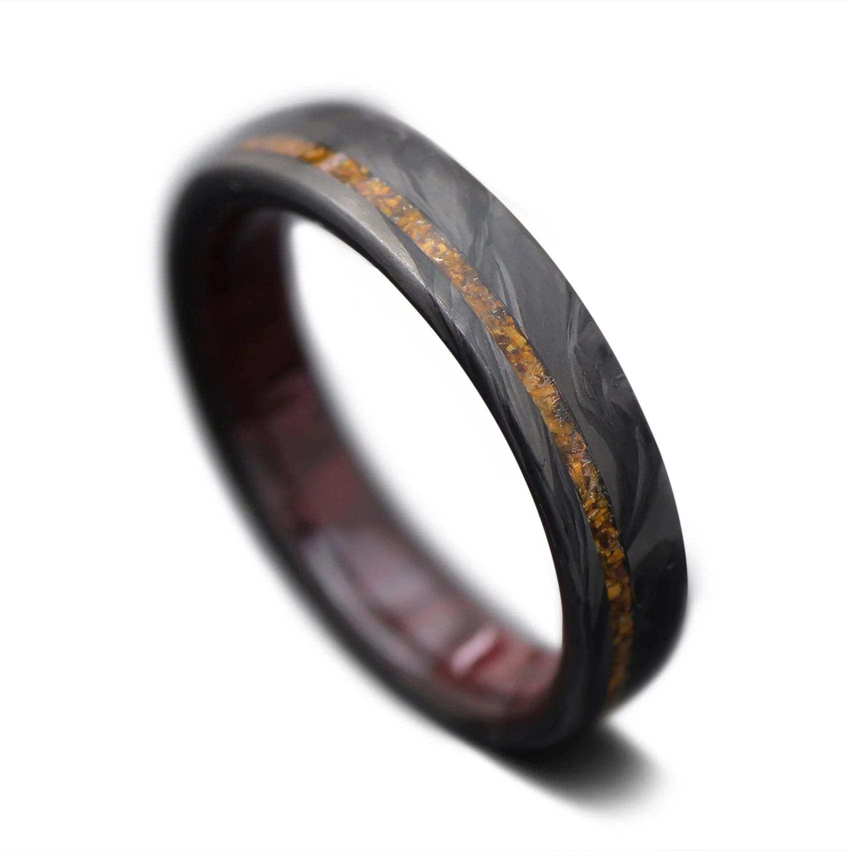 Forged carbon fiber ring with tiger eye and wood purple heart inner sleeve, 5mm -THE HORIZON