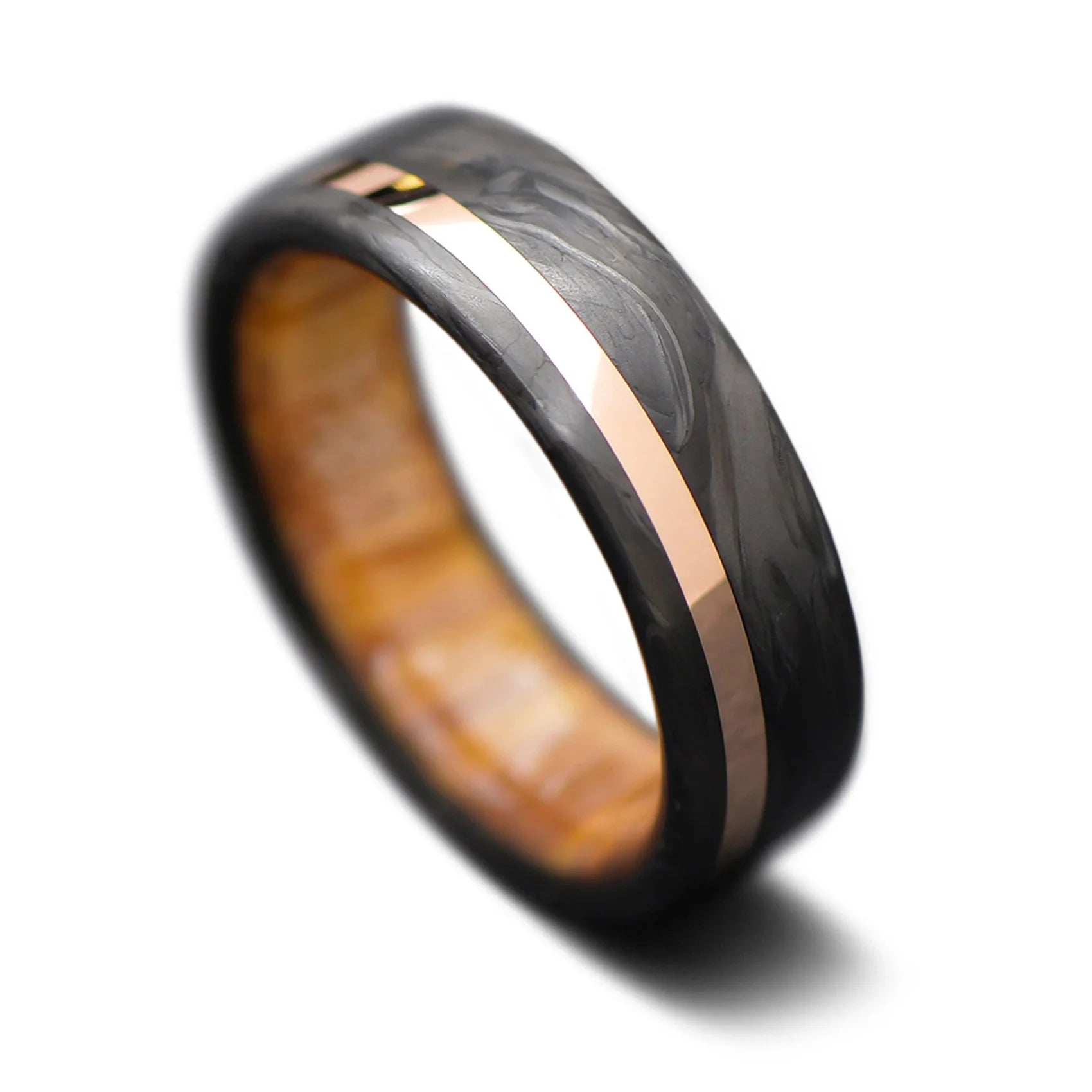 Carbon fiber wedding ring with rose gold inlay and Silver Spalted Birch inner sleeve, 6mm -THE HORIZON