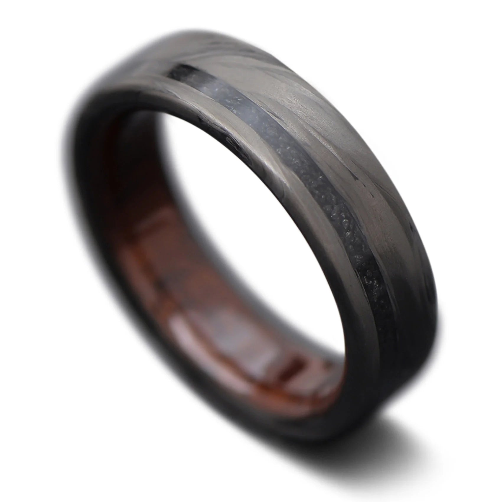 Forged Carbon Ring Black Onyx Inlay and Walnut | Men's Wedding Band