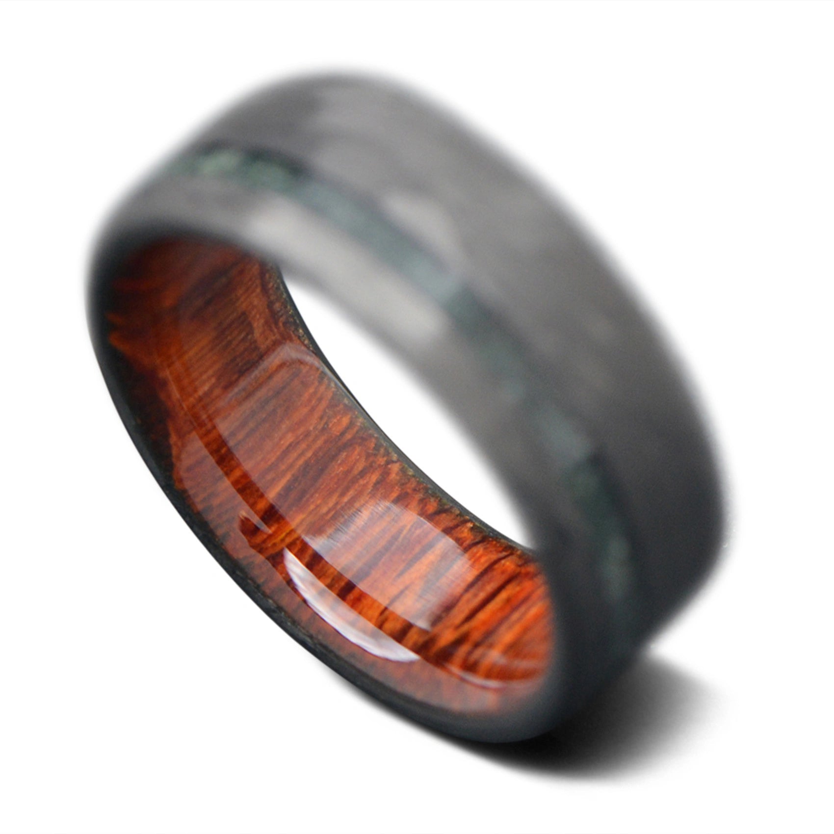 Back of carbonForged Ring with Moss Agate inlay and Leopardwood inner sleeve, 8mm - THE HORIZON
