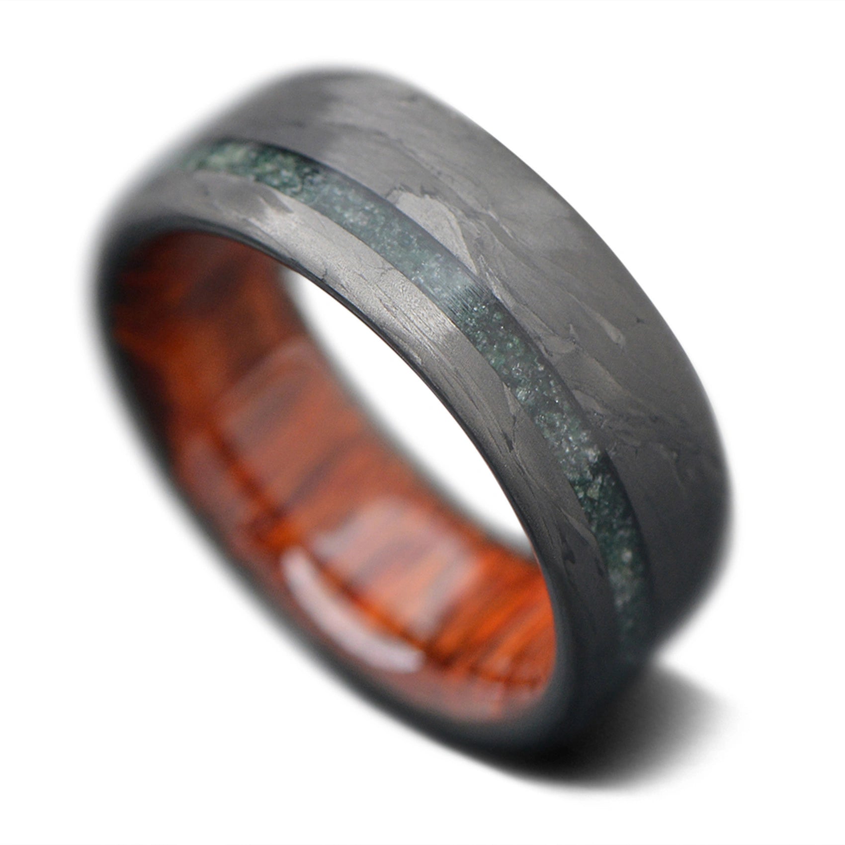 CarbonForged Ring with Moss Agate inlay and Leopardwood inner sleeve, 8mm - THE HORIZON