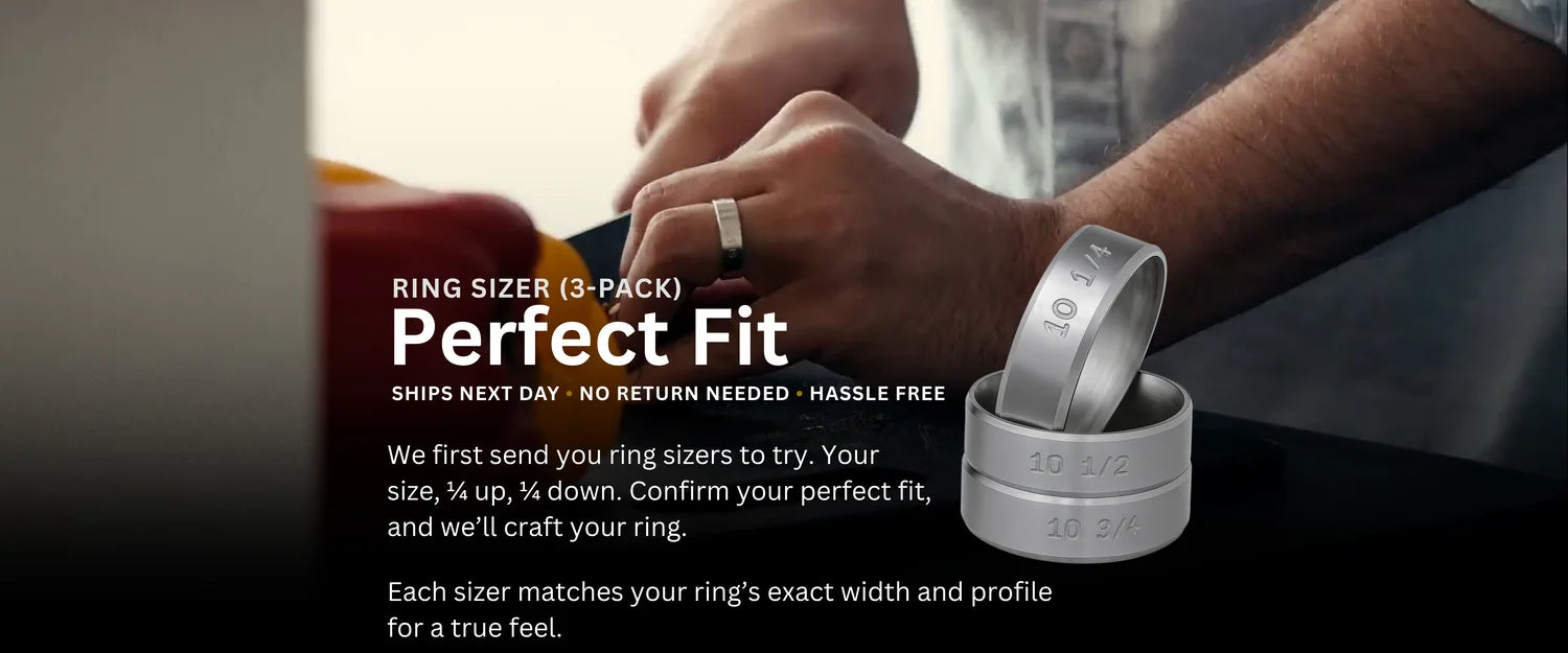 Sesto Synergy Ring Sizer 3-Pack showing precision sizing rings beside a hand wearing a wedding band, designed to confirm your exact fit before crafting.
