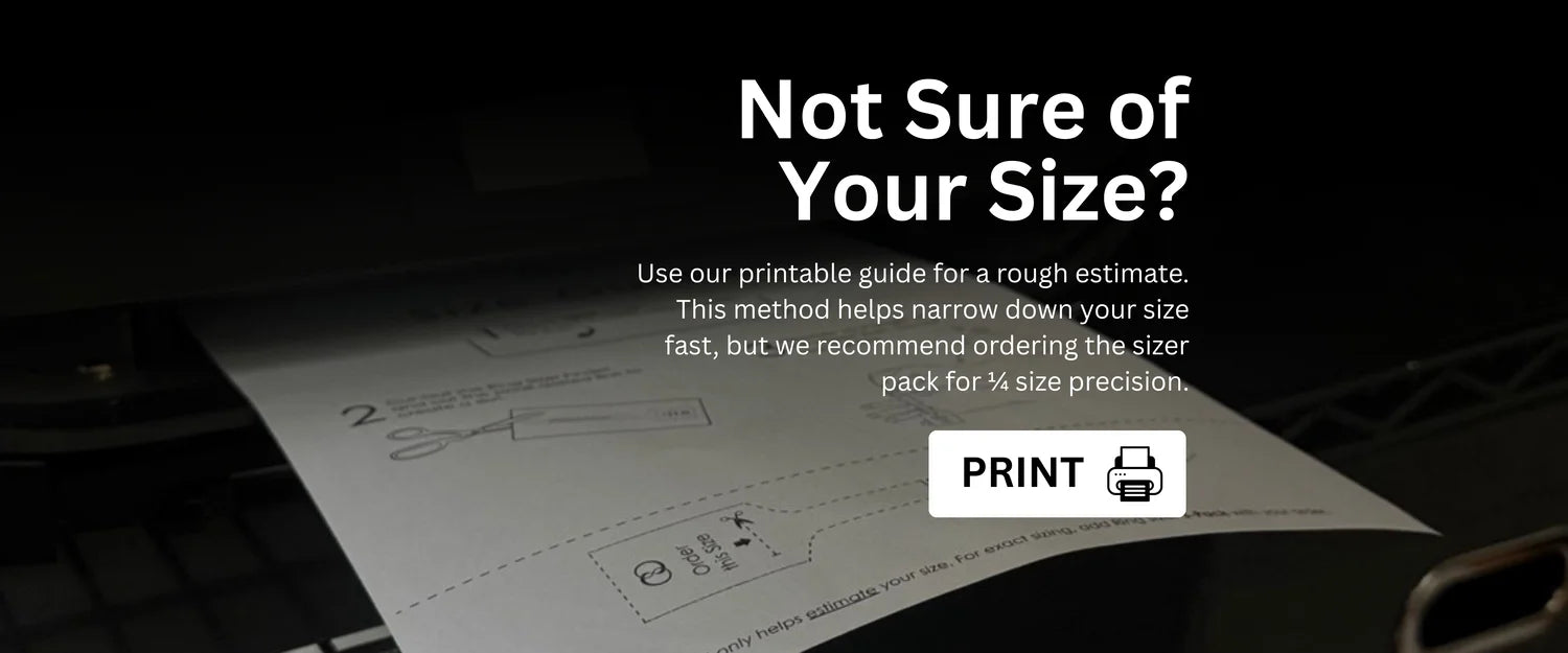 Printable ring size guide sheet emerging from a printer, showing step-by-step sizing instructions from Sesto Synergy for estimating your ring size at home.