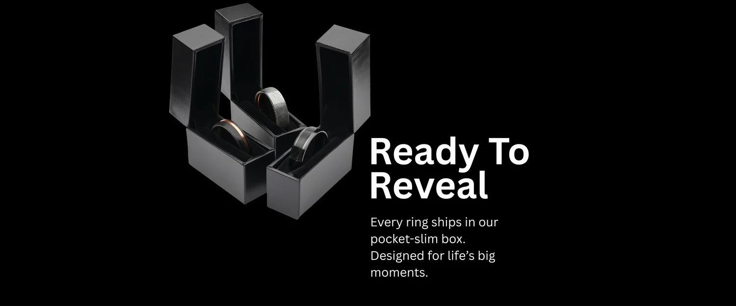 Three custom wedding rings displayed in Sesto Synergy’s sleek pocket-slim boxes, designed for elegant presentation and secure travel.