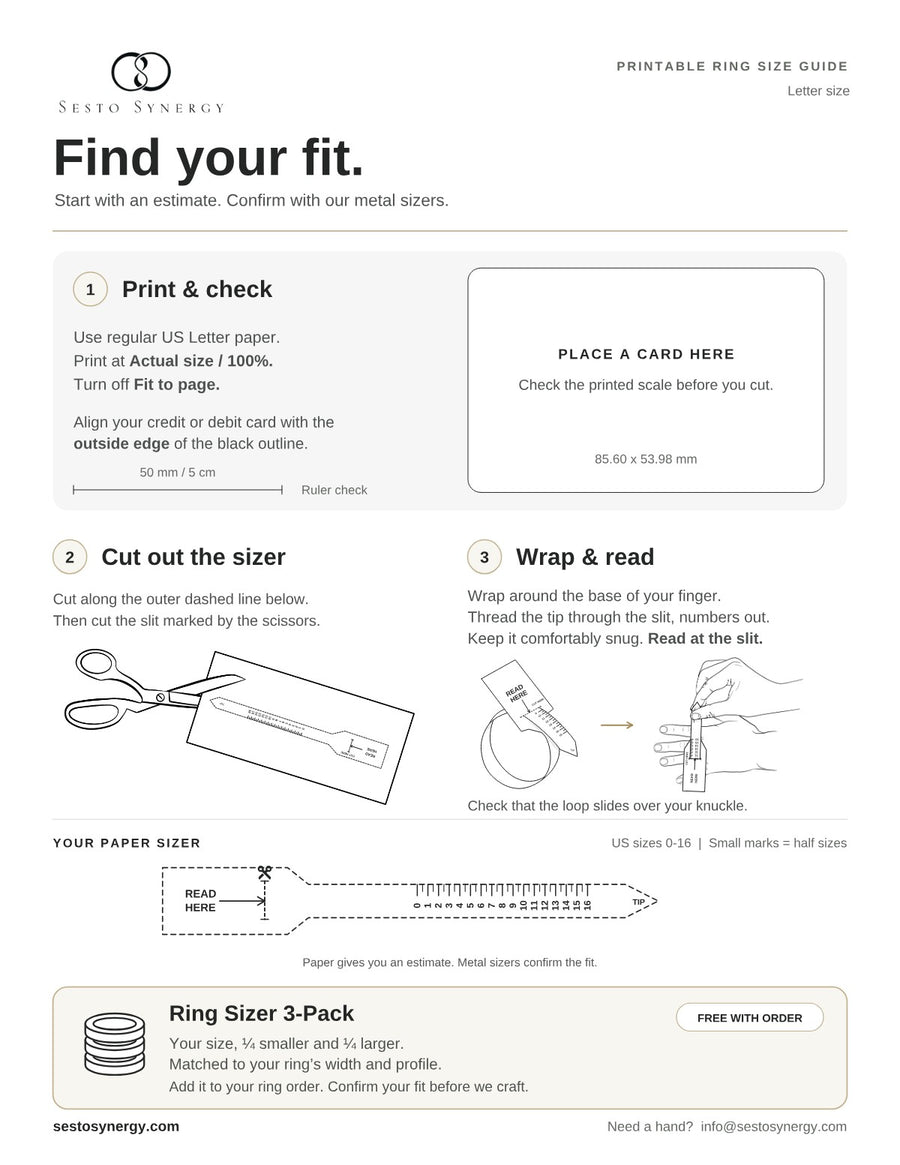 The printable ring size guide sheet