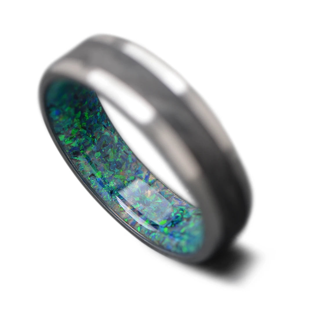 Titanium Ring with ForgedCarbon Inlay and Opal Men's Wedding Band