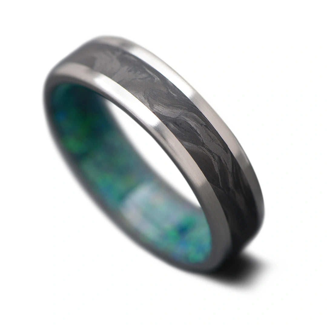 Titanium Ring with ForgedCarbon Inlay and Opal Men's Wedding Band