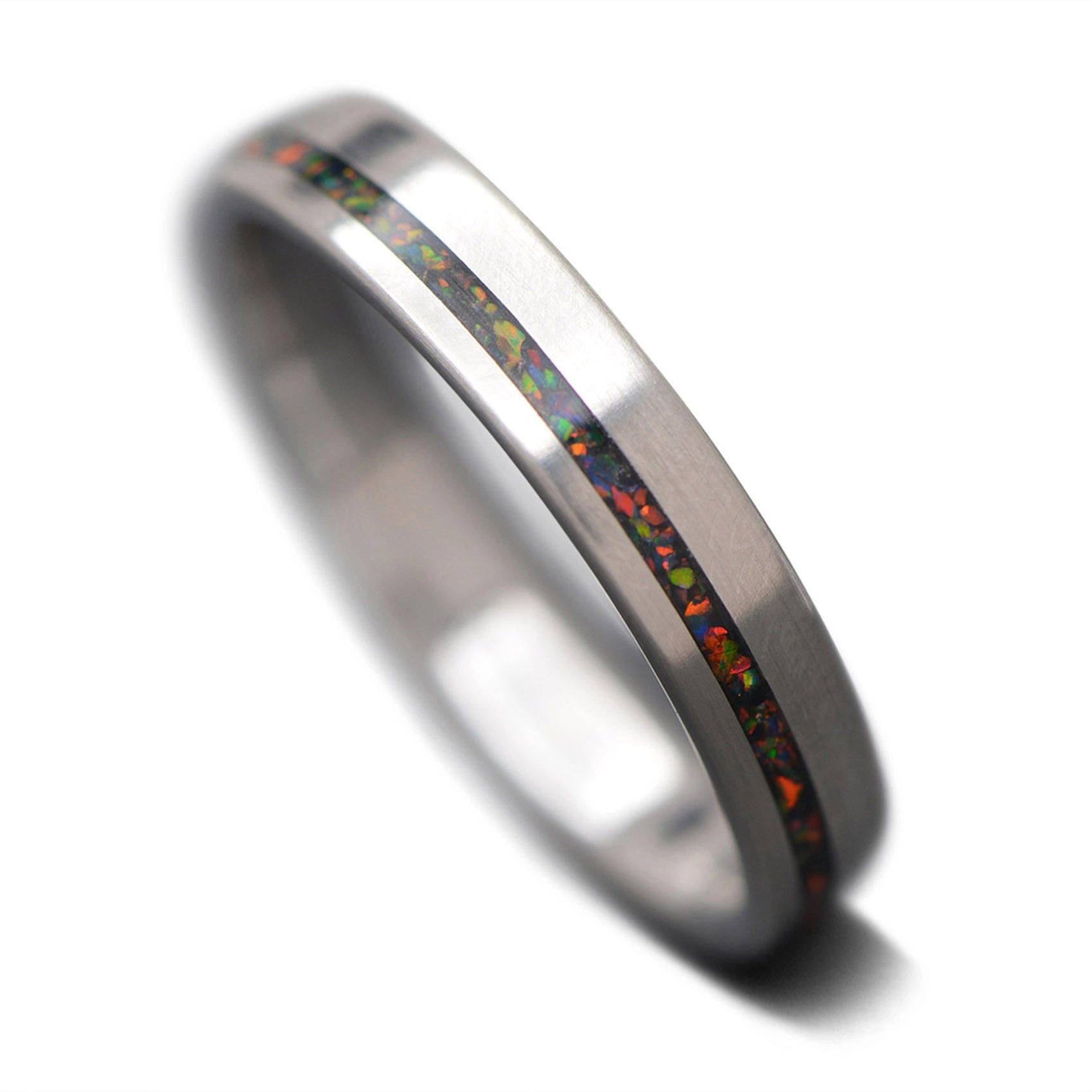 Unique Titanium Wedding Band with Black Fire Opal Inlay | 4mm 